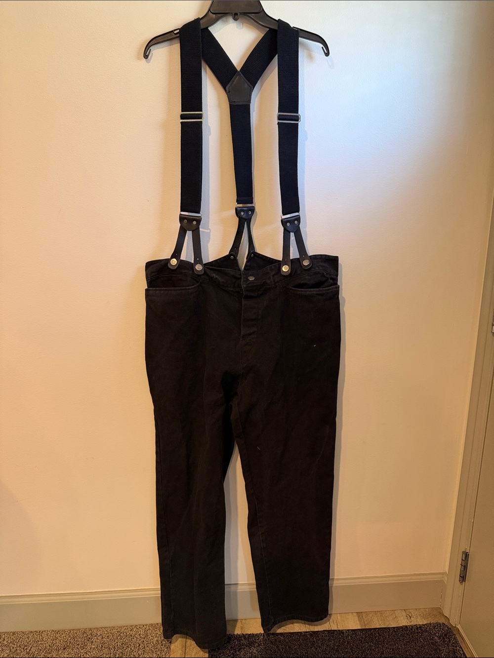 Wah Men's Black Denim Pants with Leather Suspenders Size 42
